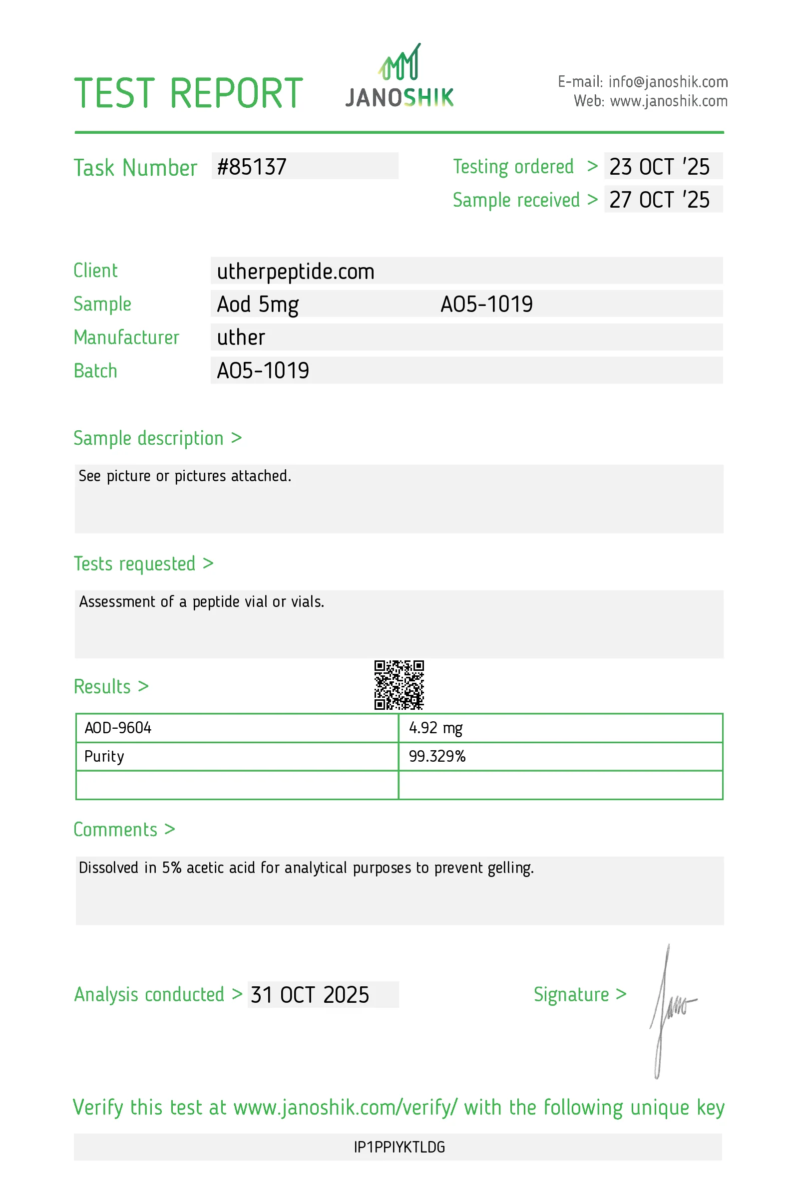 Сертификат чистоты HPLC — AOD-9604