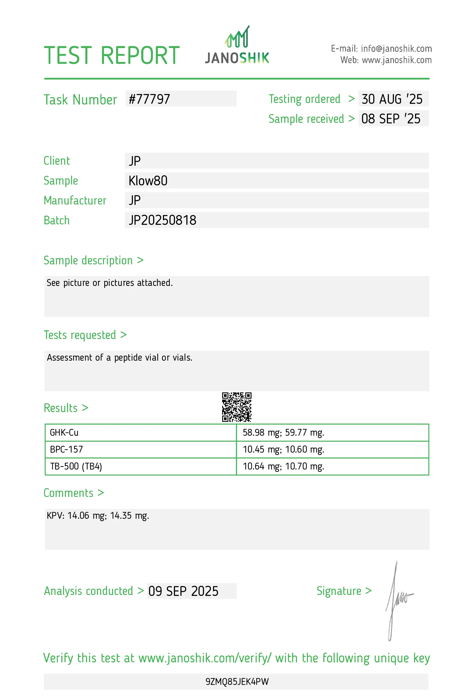 Сертификат чистоты HPLC — KLOW (BPC-157 + TB-500 + KPV + GHK-Cu)